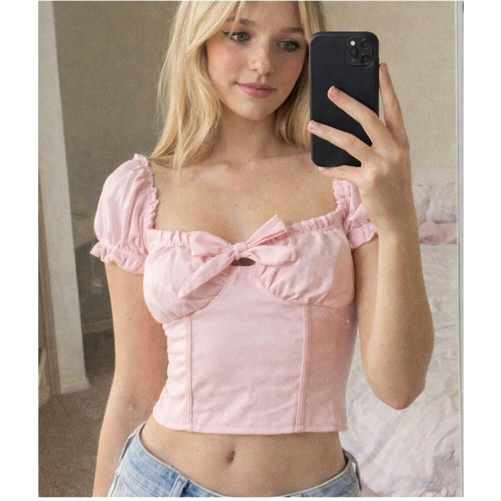 I.AM.GIA Naomi Corset Top Pink Bow Milkmaid Coquette Y2K M Babydoll Puff Sleeves
